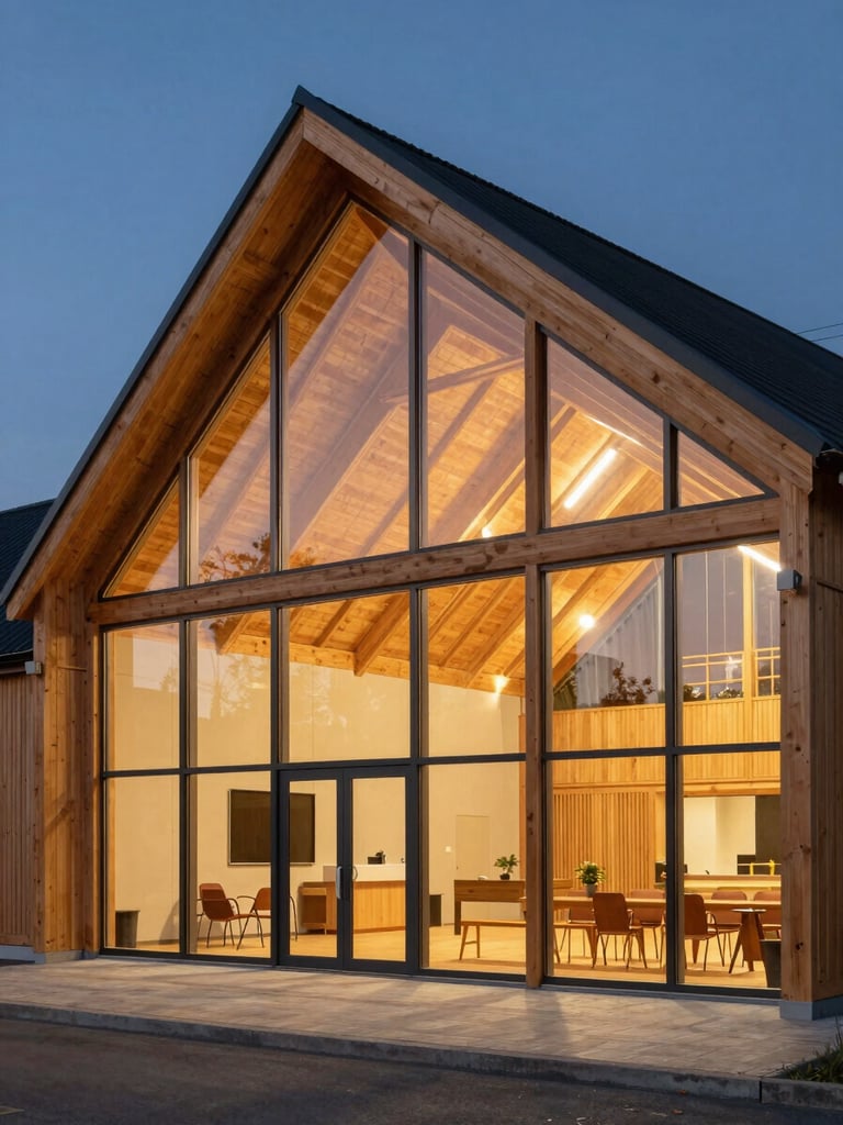 Vertical architectural shot of a modern timber-frame community hall, warm interior light glowing through large glass windows at dusk.