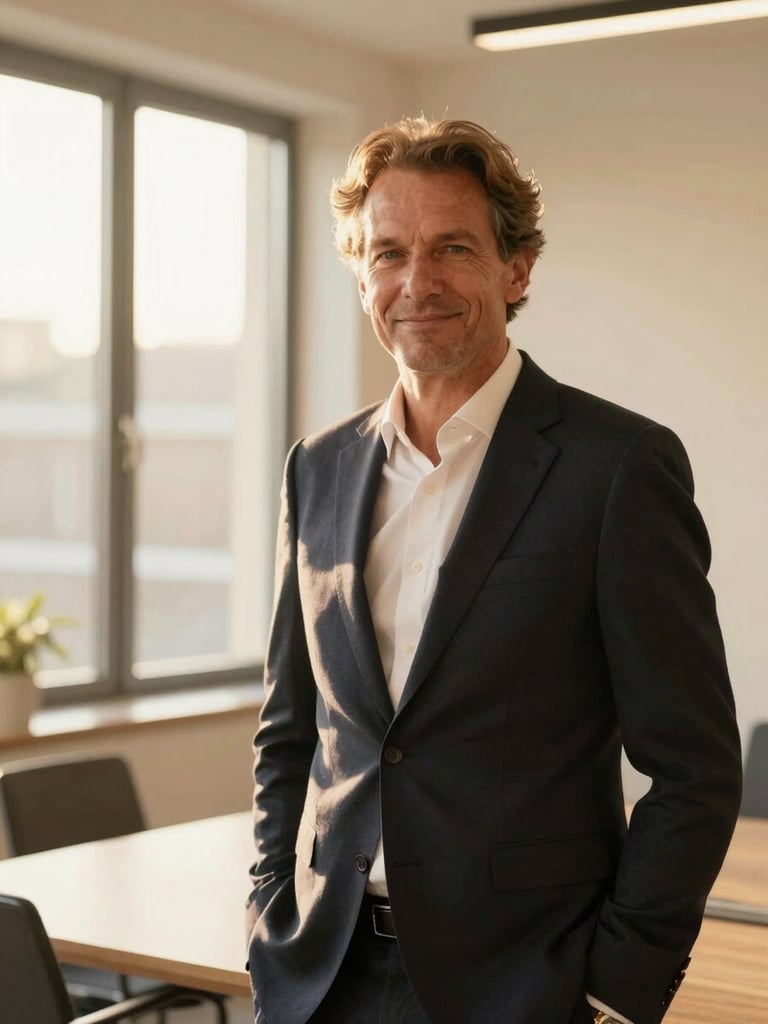 Professional portrait of Jean-Eudes Czapnick, CEO, in a bright office setting in Arras, warm natural side-light, elegant business attire, confident expression, 35mm