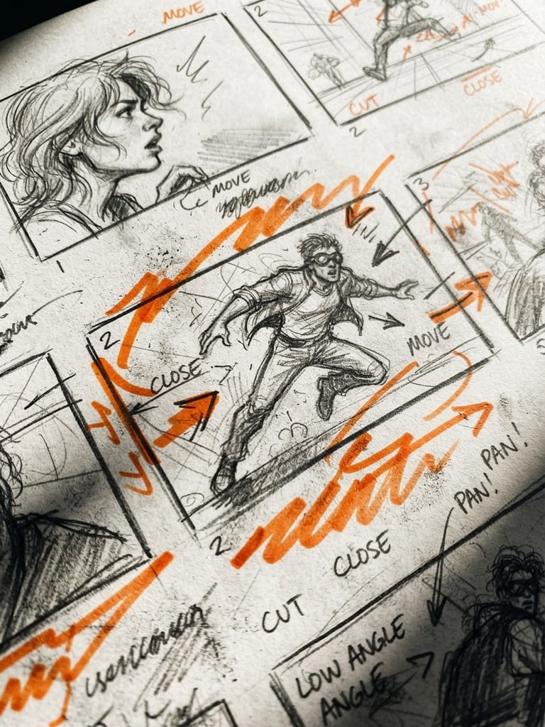 Extreme close-up of raw storyboard sketches with bold orange marker annotations, harsh direct sunlight, deep shadows, 35mm film