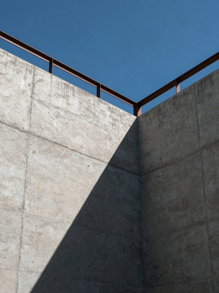 Low-angle architectural shot of raw concrete walls and steel framing against a crisp blue Florida sky, sharp geometric shadows.