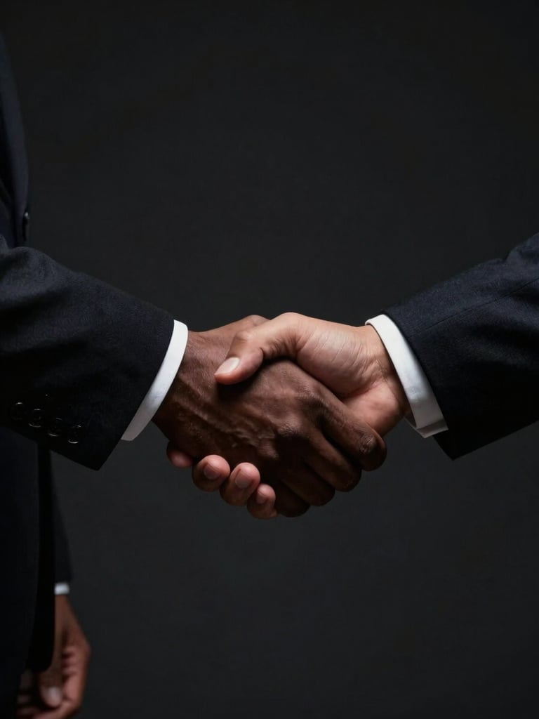 Close-up of a firm handshake between two business partners, one Black and one North African, no faces visible, low-key dramatic corporate lighting, deep shadows, dark desaturated tones, 35mm