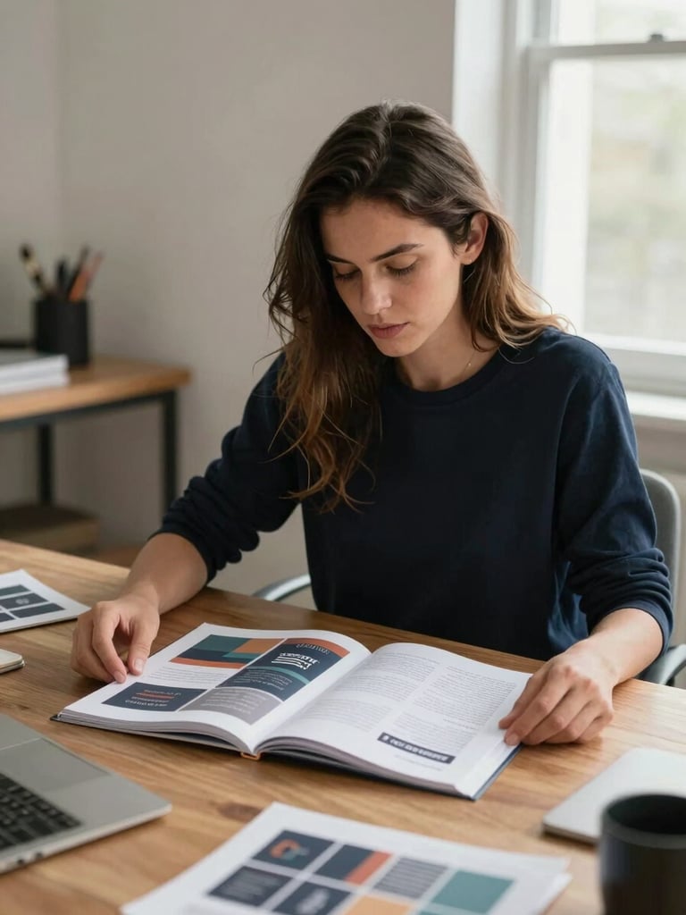 Nicole seated at a well-lit wooden desk, reviewing a printed branding spread laid flat in front of her, natural window light from the right, calm focused expression, design materials organized around her