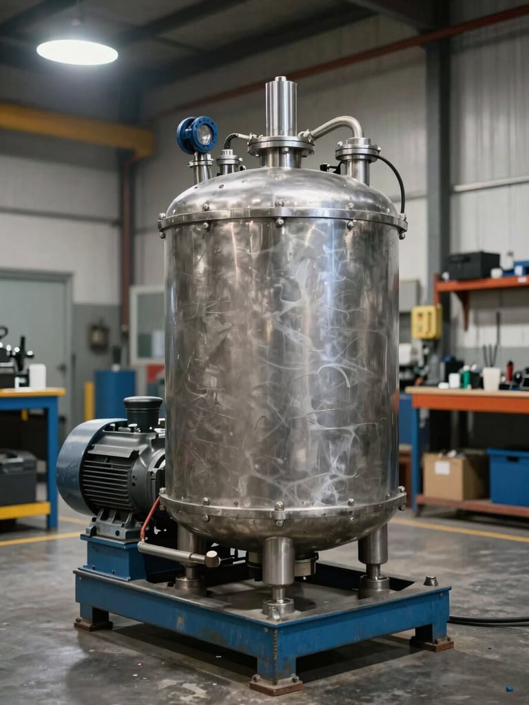 Medium-distance shot of a complete hydraulic power unit on a shop floor, steel reservoir, motor and pump assembly visible, industrial overhead light from above left, natural metal tones, no people