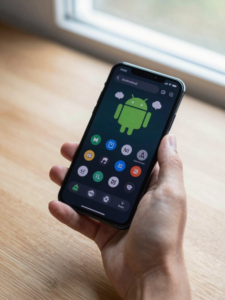 Close-up overhead shot of a hand holding an Android phone, app interface visible on screen, natural window light, clean wooden desk surface below, no staging