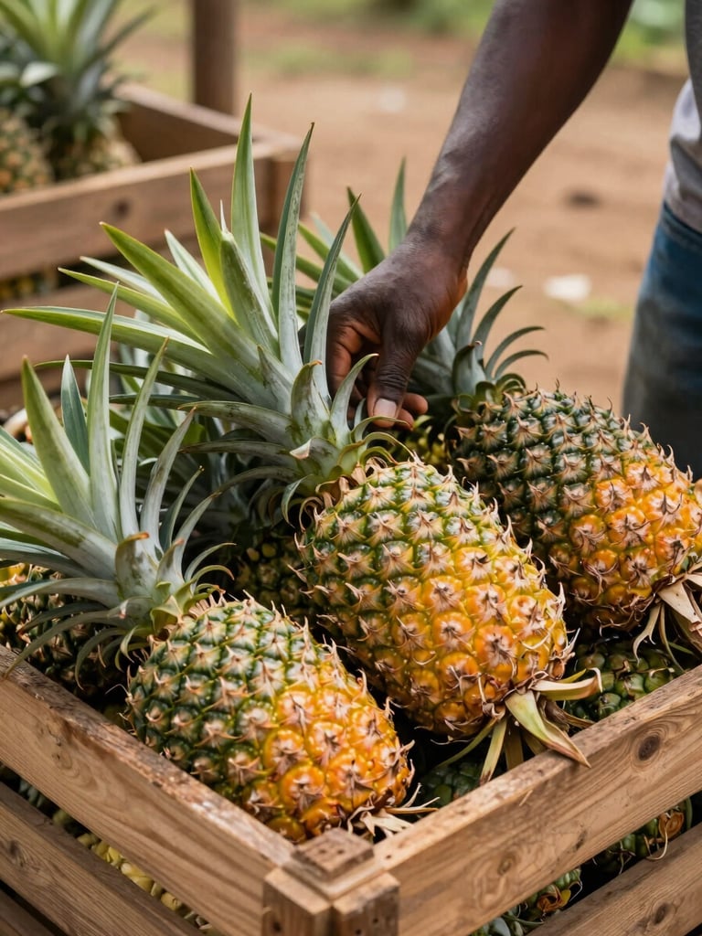 Mains d'un agriculteur guinéen triant des ananas fraîchement récoltés dans des caisses en bois, lumière naturelle du jour