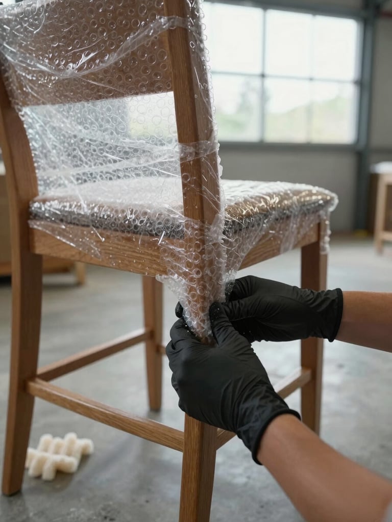 Close-up of gloved hands wrapping the leg of a solid wood dining chair in thick bubble wrap, natural daylight through a warehouse loading bay window, protective foam padding visible on the floor nearby