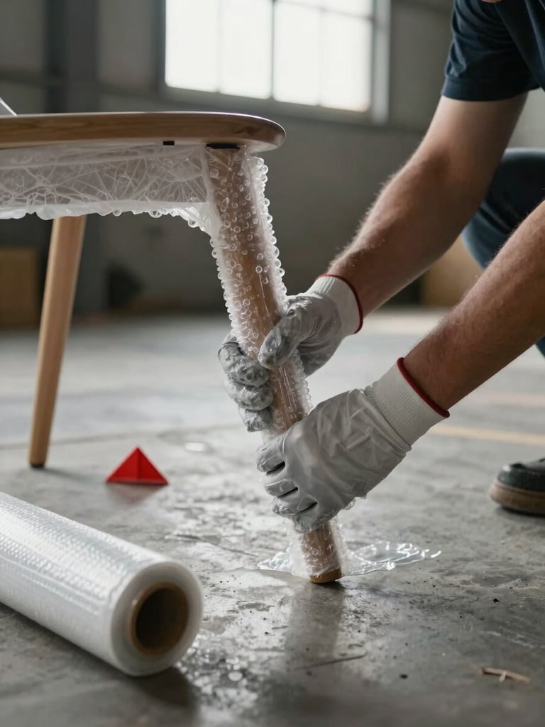 Close-up of gloved hands wrapping a chair leg in bubble wrap on a concrete warehouse floor, rolls of protective film and corner guards visible nearby, natural industrial daylight from a high window