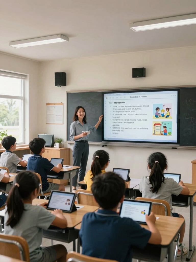 Wide environmental shot of a K–12 classroom, a teacher standing beside a large display screen showing a language lesson interface, students at desks engaging with tablets, natural daylight from windows on the left side, school desks and classroom context visible, crisp and uncluttered