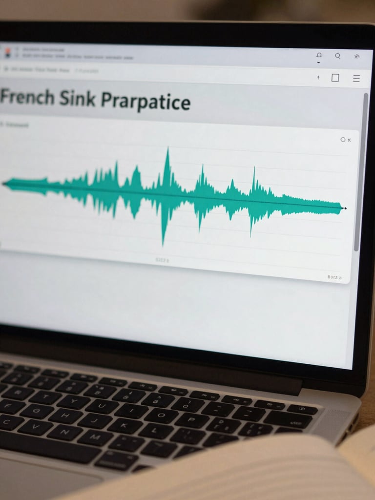 Close-up of a laptop screen displaying a French speaking practice interface with a recorded waveform, a student's notebook partially visible at the bottom edge, studio-lit for clarity on the screen detail