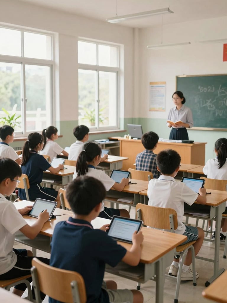Wide environmental shot of a middle school classroom, students seated in small groups working on tablets, a teacher at the front facilitating discussion, natural daylight through tall windows, clean and organized room