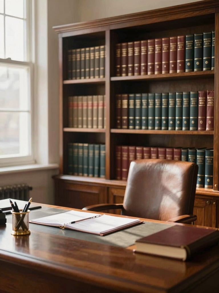 An elegant academic office with traditional leather-bound books on wooden shelves, bright morning sunlight streaming through a window, a clean desk with a brass pen holder, warm and prestigious atmosphere.