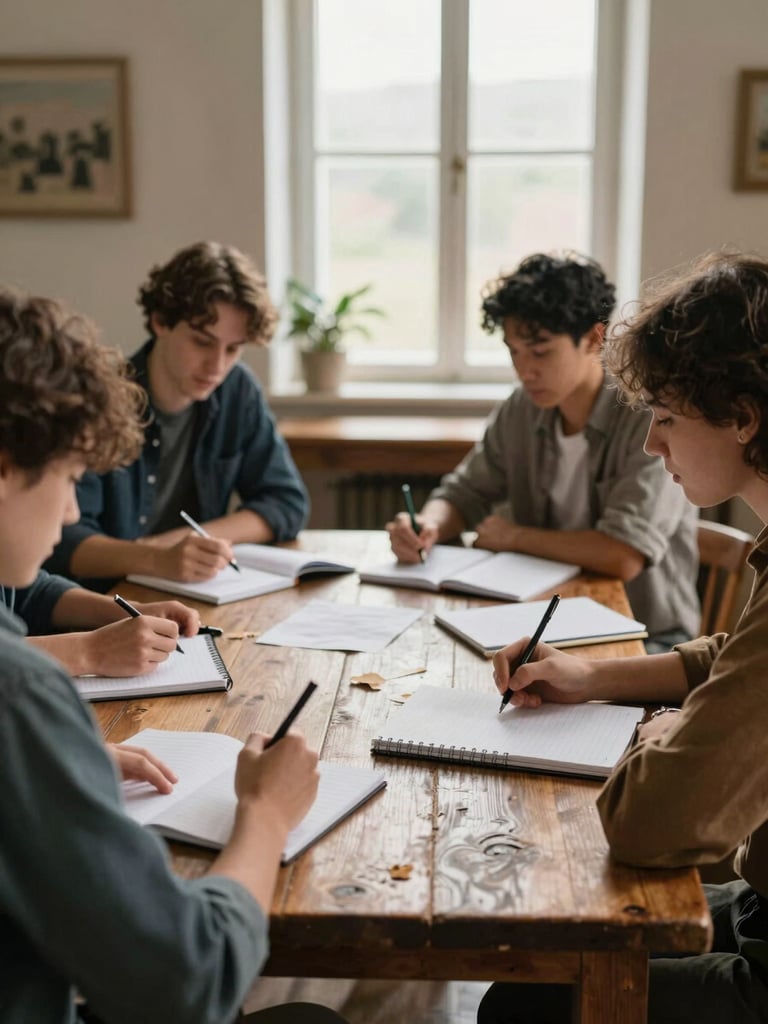 A creative team sitting around a rustic wooden table in a warm church office, planning content on notebooks, soft natural window light, authentic collaborative atmosphere.