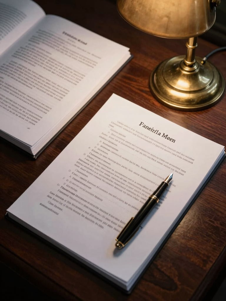 Close-up overhead composition of open legal case files and handwritten annotations under a brass reading lamp on a dark mahogany desk, case citations visible on printed pages, a fountain pen resting on a folded brief, deep shadow at the edges, tungsten warm light pooling at center
