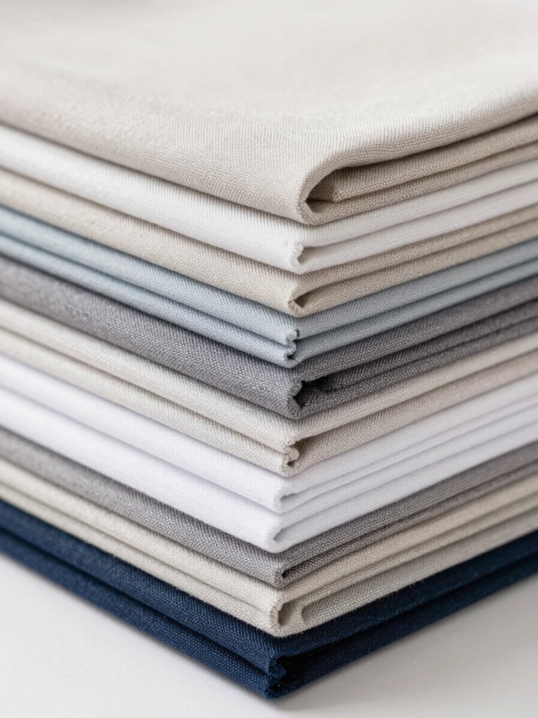 Close-up of neatly stacked, folded textile swatches in neutral corporate tones, sharp focus, bright even lighting, 50mm lens.