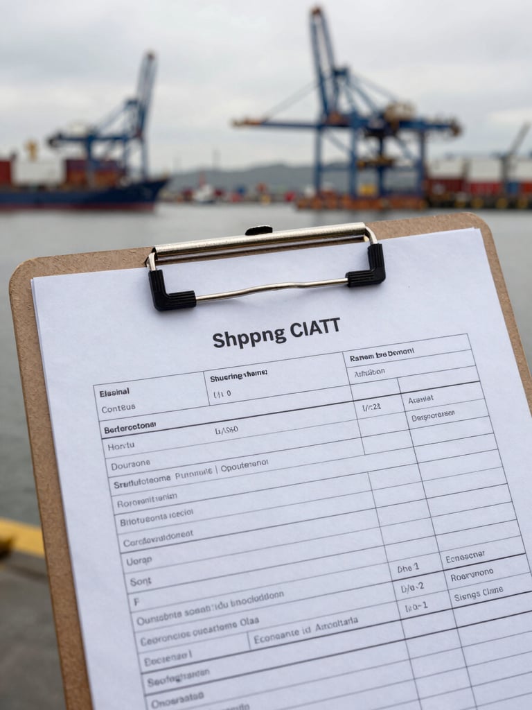 Close-up of a shipping manifest on a steel clipboard, industrial harbor background, overcast daylight, cool steel tones, sharp focus.