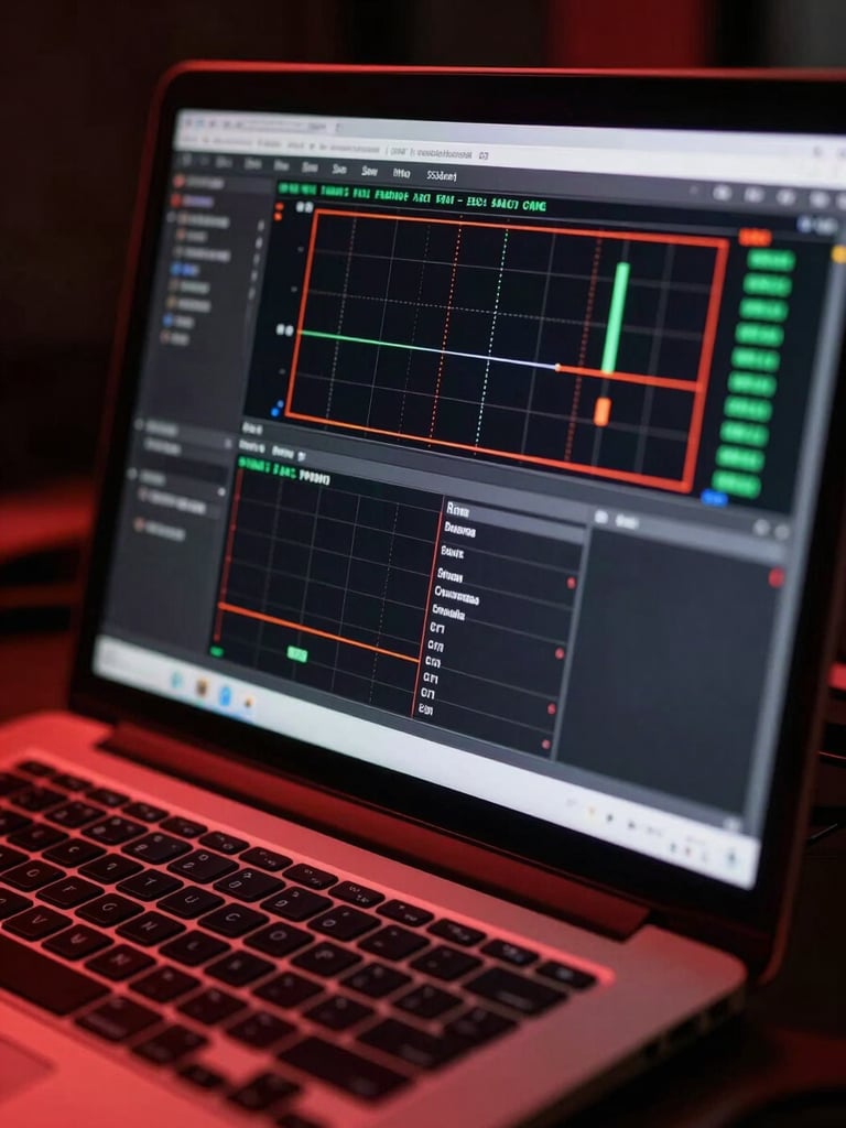 Close up of a laptop screen inside a high-tech workshop showing engine diagnostic logs and ECU maps, sharp focus, red ambient glow, high contrast, 35mm