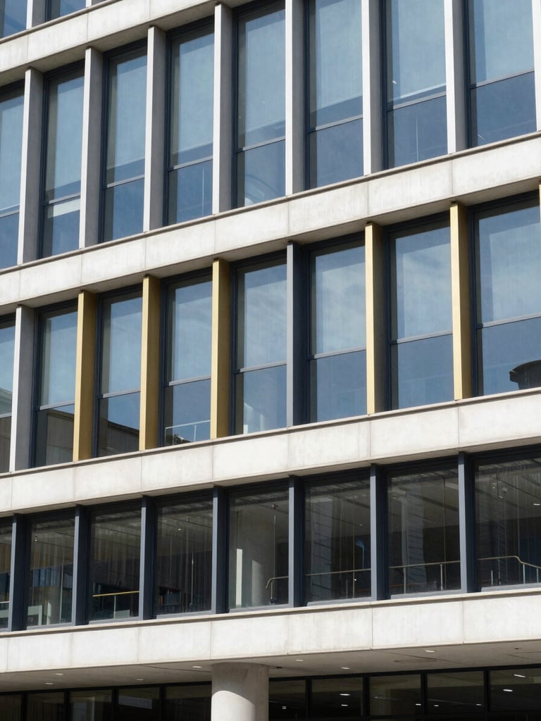 Architectural shot of a modern institutional building facade with clean glass lines, bright natural daylight, deep navy shadows, 35mm editorial photography