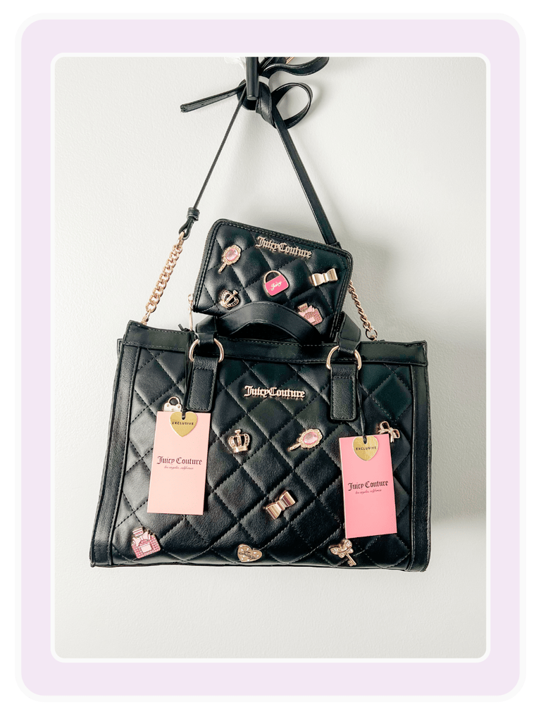 Black Juicy Couture quilted tote bag and matching wallet with pink and gold charms.