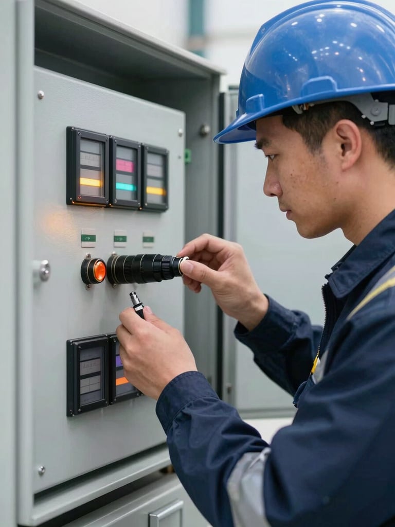 Close-up technical shot of a certified inspector in pristine safety gear performing a quality check on an industrial control panel