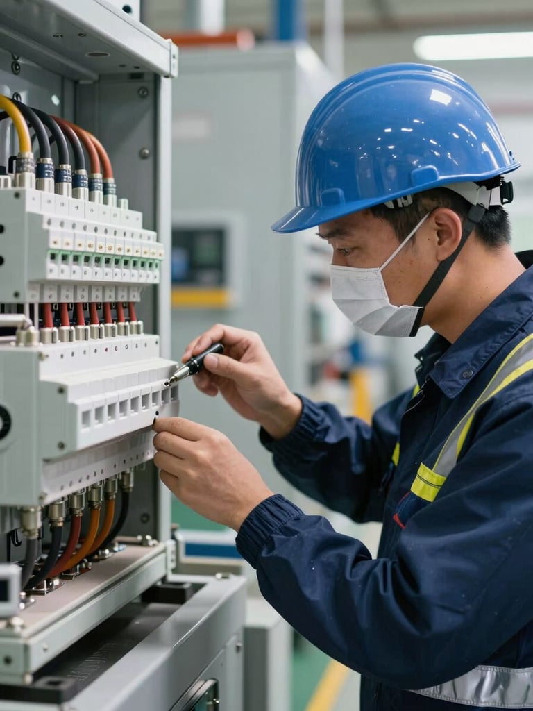 Close-up of a certified QA/QC inspector in pristine safety gear auditing an electrical terminal block inside a modern industrial facility, crisp daylight, technical focus.