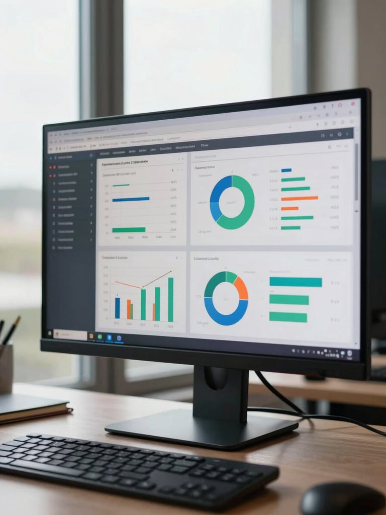 Medium shot of a large monitor displaying a data analytics dashboard with charts and segmentation tables, shot in natural daylight from a side office window, keyboard and notebook partially visible at the lower edge, no person in frame