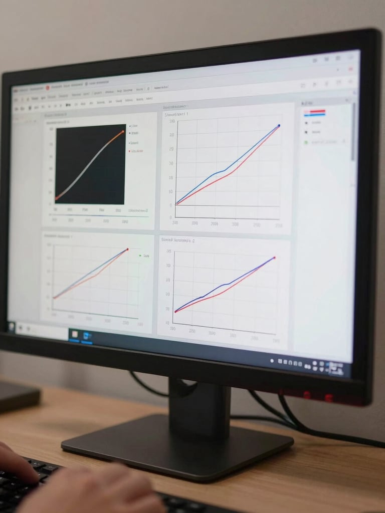 Close-up of a monitor screen showing a statistical model output — scatter plots and regression lines — on a plain desk under diffuse daylight, hands barely visible at keyboard edge