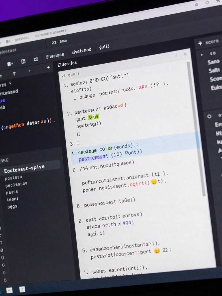 Angle perspective shot of a dark-mode code editor showing clean SQL queries and database schemas with a soft neon purple backlighting glow.