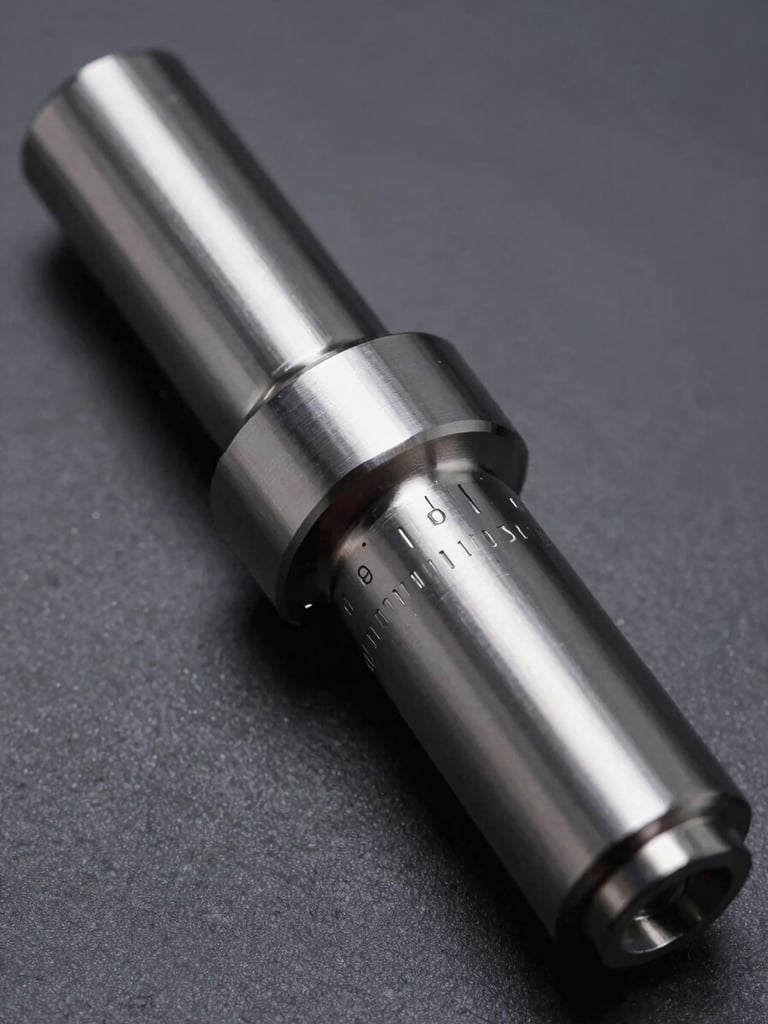 Extreme close-up overhead shot of a precision motor shaft resting in a calibration jig, studio strobe lighting revealing machined surface finish and engraved tolerance marks, matte charcoal background, millimeter-scale detail visible