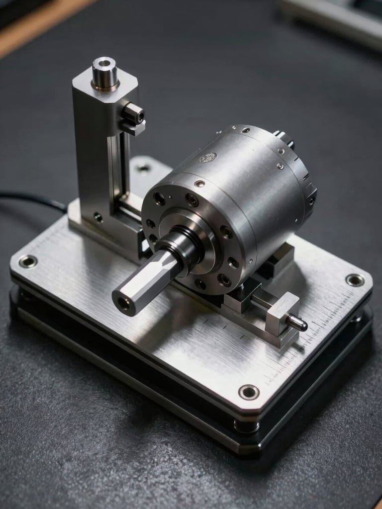 Overhead studio shot of a precision calibration jig holding a motor subassembly, controlled strobe light casting hard shadows across machined measurement datum points, fine calibration marks visible on matte silver aluminum, dark charcoal workbench surface, extreme close-up framing