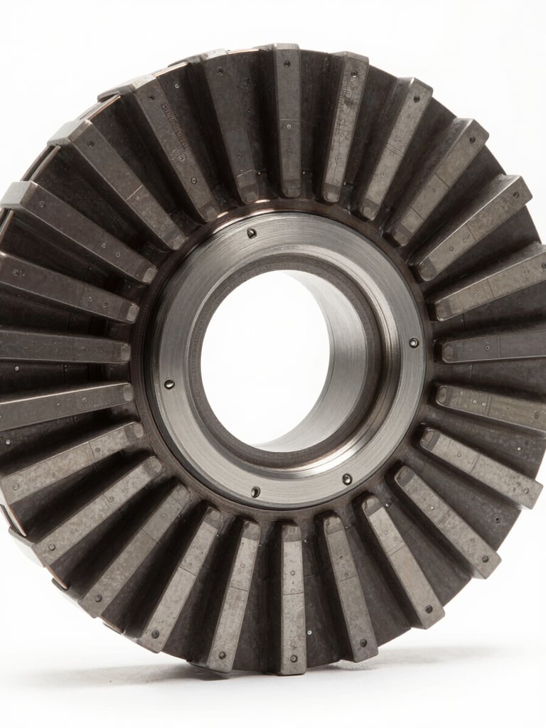 Extreme close-up of a precision-machined motor rotor surface, studio strobe lighting raking across the machined grooves and calibration marks, revealing the exact finish of the metal, symmetrical overhead framing, matte charcoal and liquid silver tones, no context or background visible