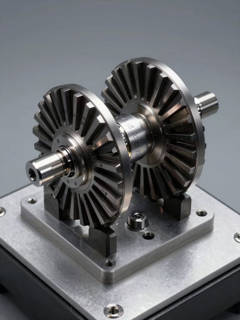 Overhead technical documentation shot of a precision calibration jig holding a motor stator, studio strobe lighting illuminating engraved calibration marks and machined datum surfaces, millimeter-scale detail visible, hard shadows, clinical silver and charcoal tones, no hands or people