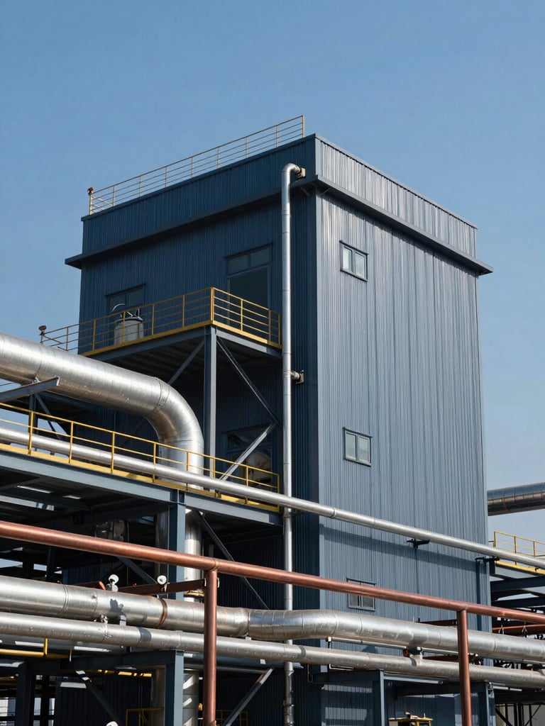 Precise architectural daylight shot of a modern industrial facility with clean metallic structures and piping, sharp focus, 35mm lens