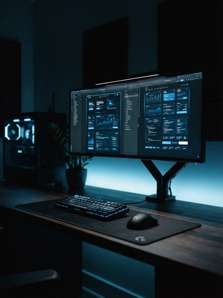 Sleek tech photography of a minimalist dark desk setup, a modern high-end studio monitor displaying a clean web interface with electric blue accents, low-key moody lighting, sharp focus, 35mm.