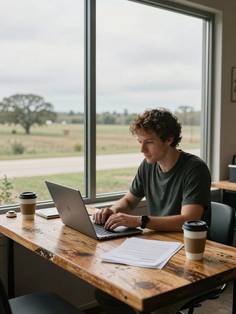 Environmental wide shot of a small business owner reviewing a laptop at a worn wooden desk near a north-facing window, natural overcast daylight, papers and a coffee cup on the desk, Texas landscape visible through the glass behind