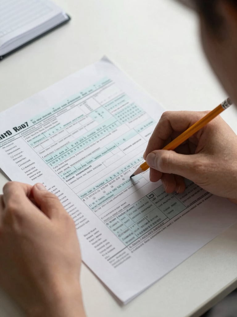 Close-up overhead view of hands reviewing tax form documents on a clean desk surface, natural north-facing daylight, pencil and ledger visible at the edge of frame, no faces