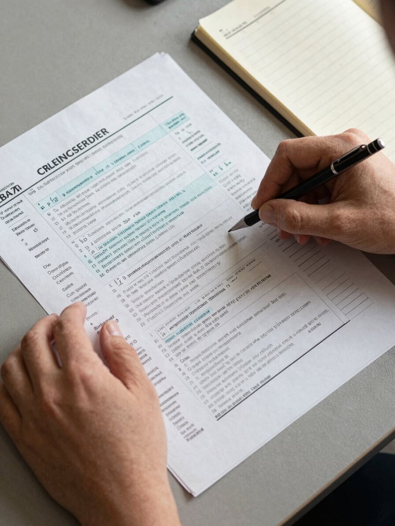 Close overhead shot of hands sorting through tax worksheets and a ruled ledger on a warm grey desk surface, natural north-facing light, documents partially overlapping, a mechanical pencil resting beside margin annotations