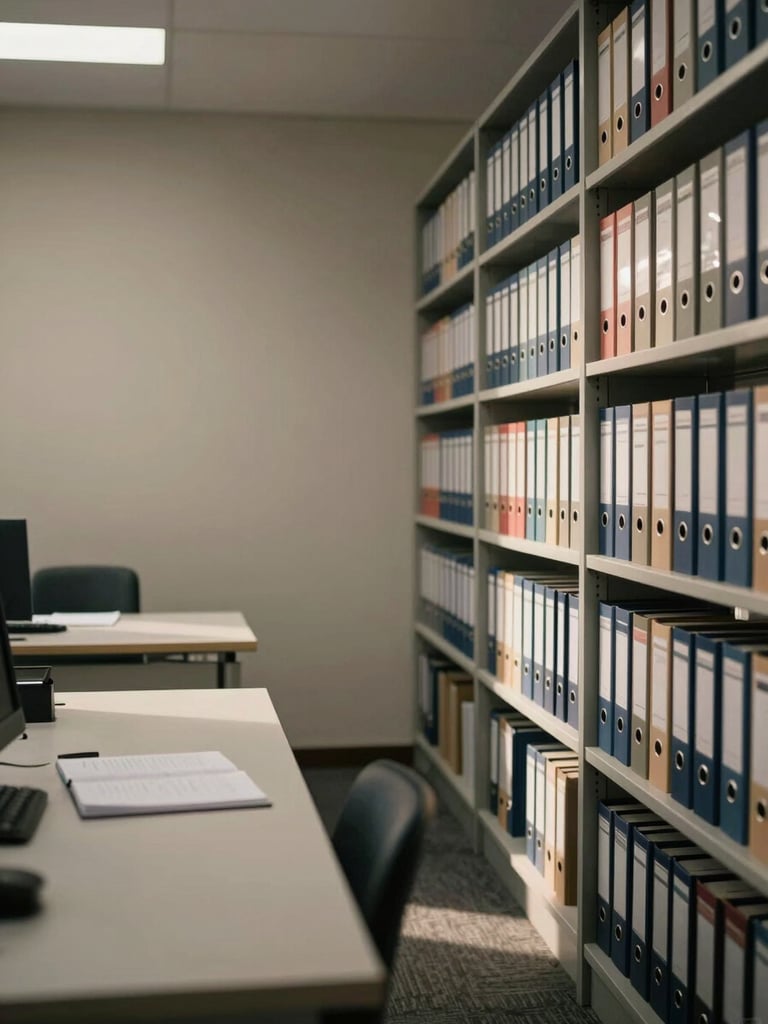 Wide environmental shot of an empty accounting office in soft north-facing daylight, rows of organized binders on shelves to the right, a long desk with a single open ledger, no people, muted warm-grey walls