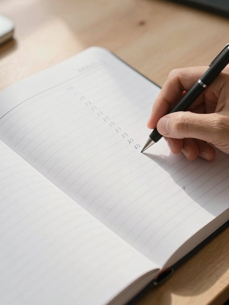 Overhead close-up of an open ledger on a pale wood desk, a hand resting beside a column of handwritten figures, soft north-facing daylight from the left, no people visible from mid-forearm down, ruled pages in sharp focus