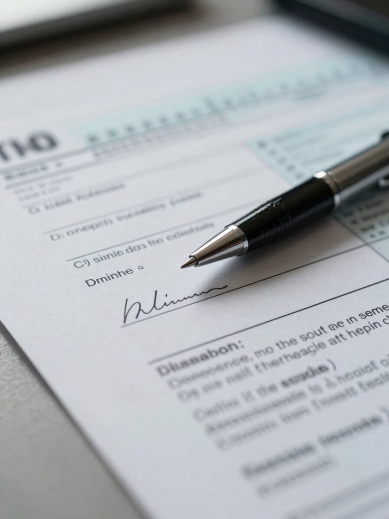 Extreme close-up of a printed tax document on a clean desk surface, a pen resting diagonally across a signature line, cool north-facing daylight from the left, sharp focus on the annotation marks in the margin, no faces