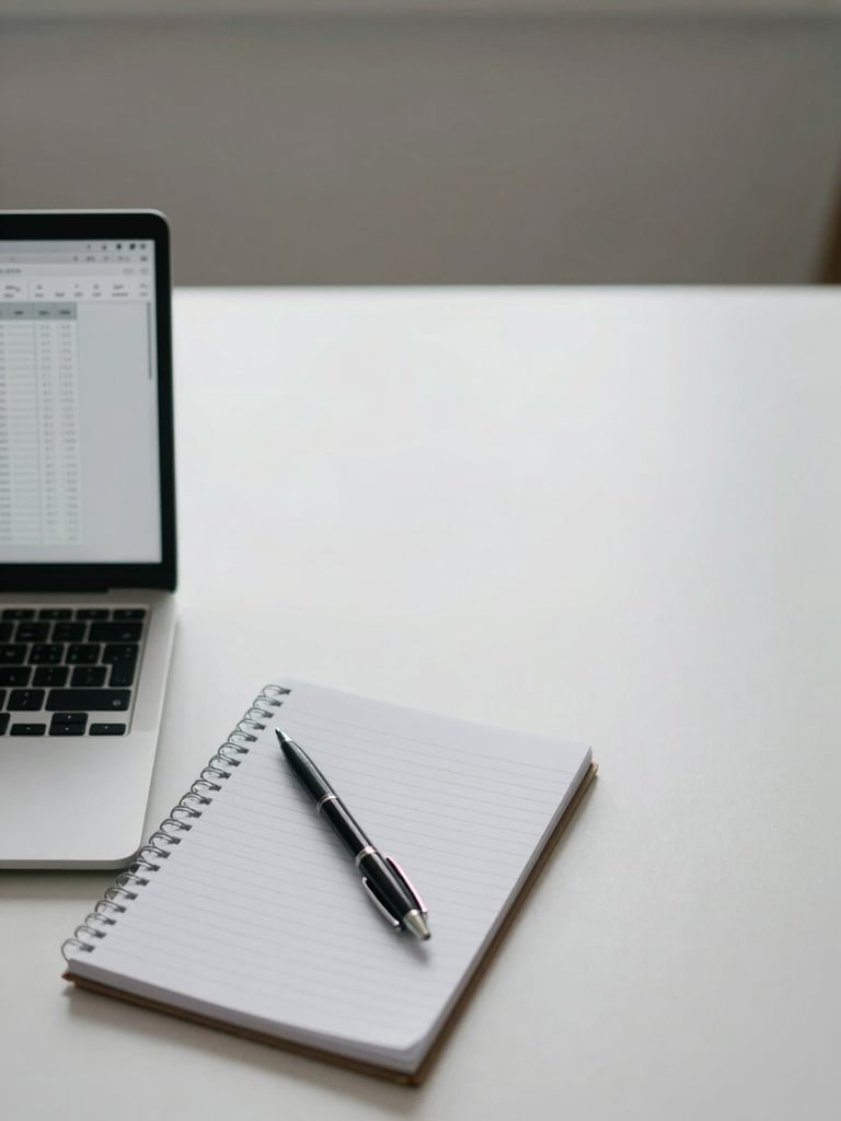 Wide environmental shot of a minimal workspace — a closed laptop, a printed spreadsheet, and a single pen resting on a ruled notepad, cool north-facing daylight, no people, precise framing with generous negative space on the right