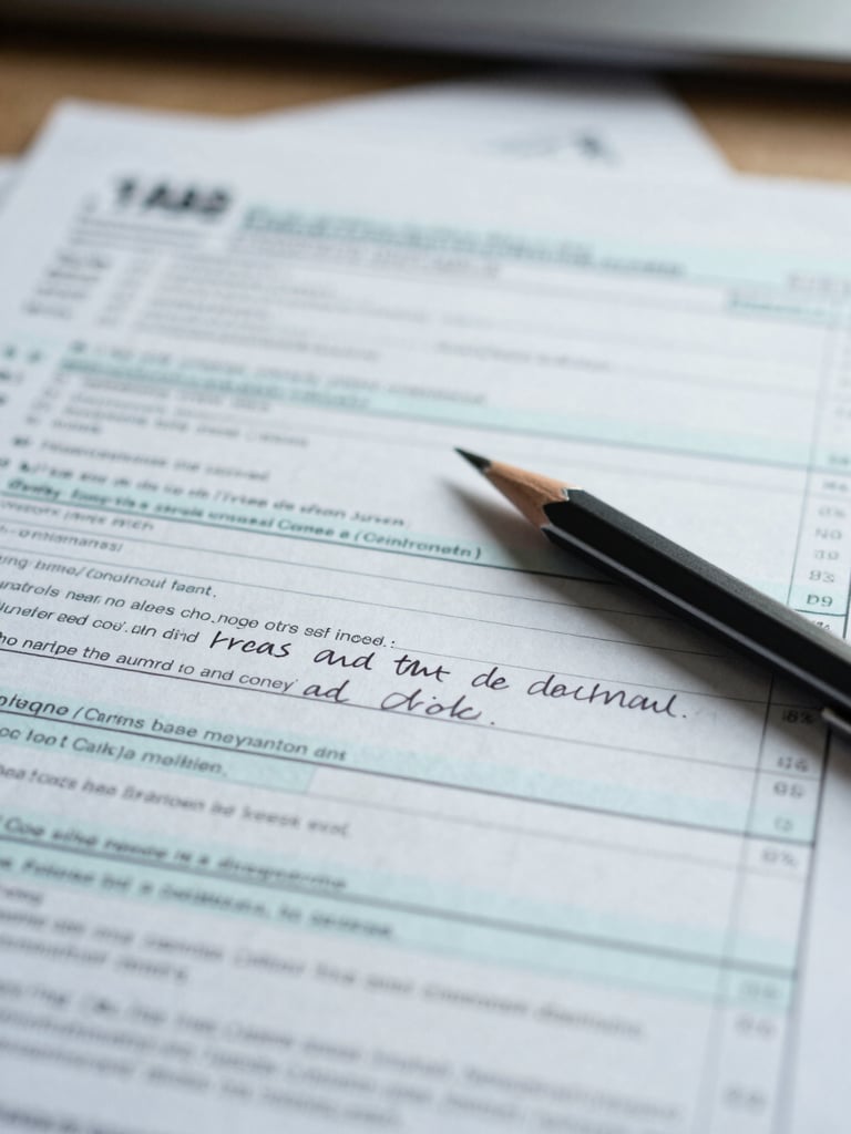 Extreme close-up of a desk surface: a printed tax code document with handwritten margin annotations in black ink, a mechanical pencil resting across the page, bright cool north-facing daylight, minimal depth of field, no faces, no branding