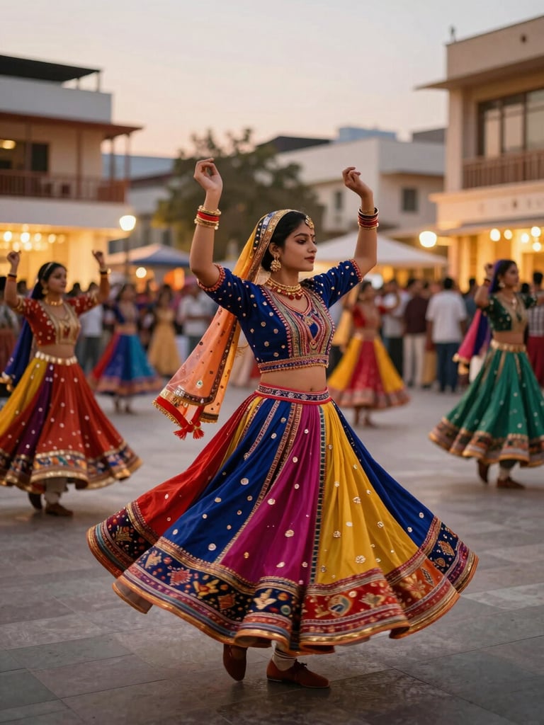 Vibrant traditional Gujarati garba dance in a modern European plaza, colorful spinning textiles, warm golden-hour ambient lighting, shallow depth of field, 35mm