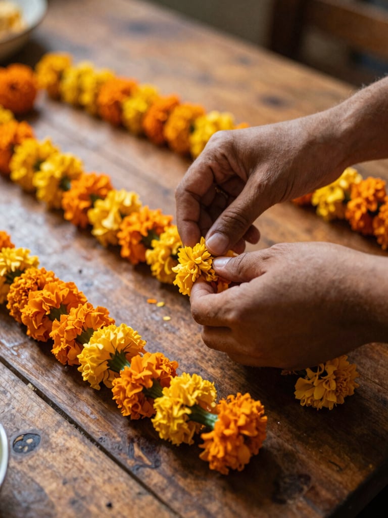 Hands preparing festive marigold garlands on a rustic wooden table, soft ambient indoor lighting, rich saturated tones, shallow depth of field, 35mm.
