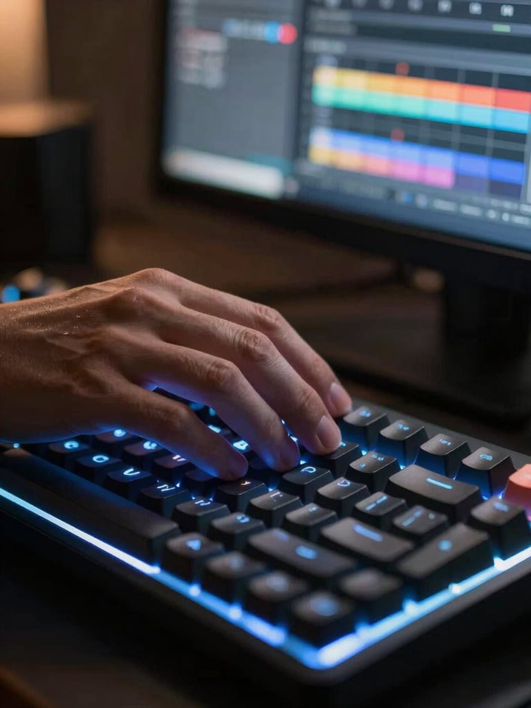 Close-up of hands resting on a mechanical keyboard in a dark edit suite, monitor glow reflecting blue-white across the fingertips, color-correction panel visible on screen behind, shallow depth of field, tungsten ambient light from the left edge