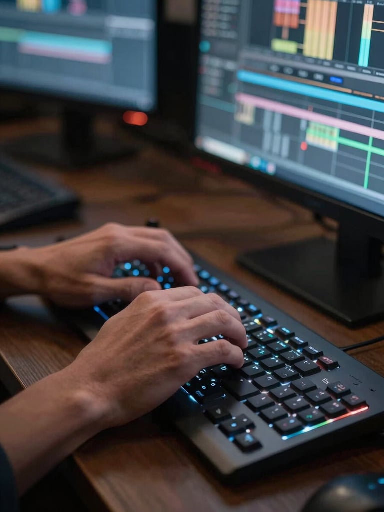Close-up of hands resting on a professional editing keyboard in a dark edit bay, cool monitor glow illuminating the keys, multiple screens visible out of focus in the background, tungsten desk lamp casting a warm edge on the wrist