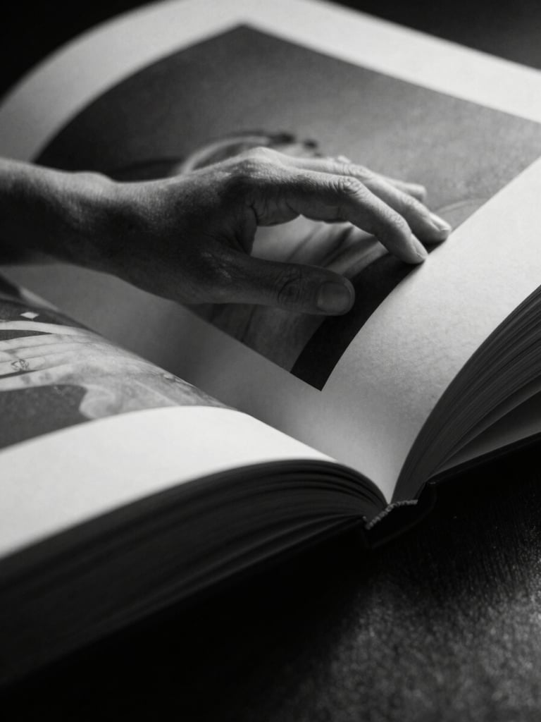Mãos delicadamente folheando as páginas de um livro de arte em preto e branco, close-up abstrato de uma imagem de corpo em alto contraste, luz dramática.