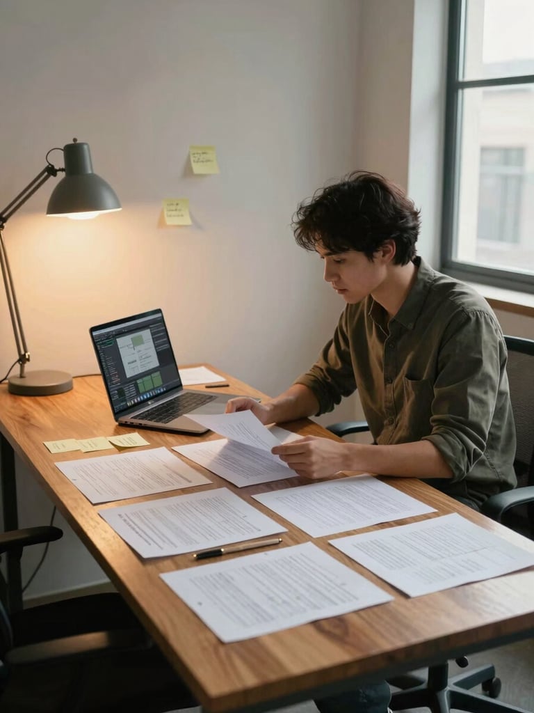 Environmental wide shot of an office workspace, a team member seated at a wooden desk reviewing printed content plans spread across the surface, a laptop open mid-edit beside them, warm tungsten lamp casting amber light from the left, window-filtered daylight entering from the right, papers and sticky notes with real handwritten notes visible, calm and focused atmosphere, no eye contact with camera