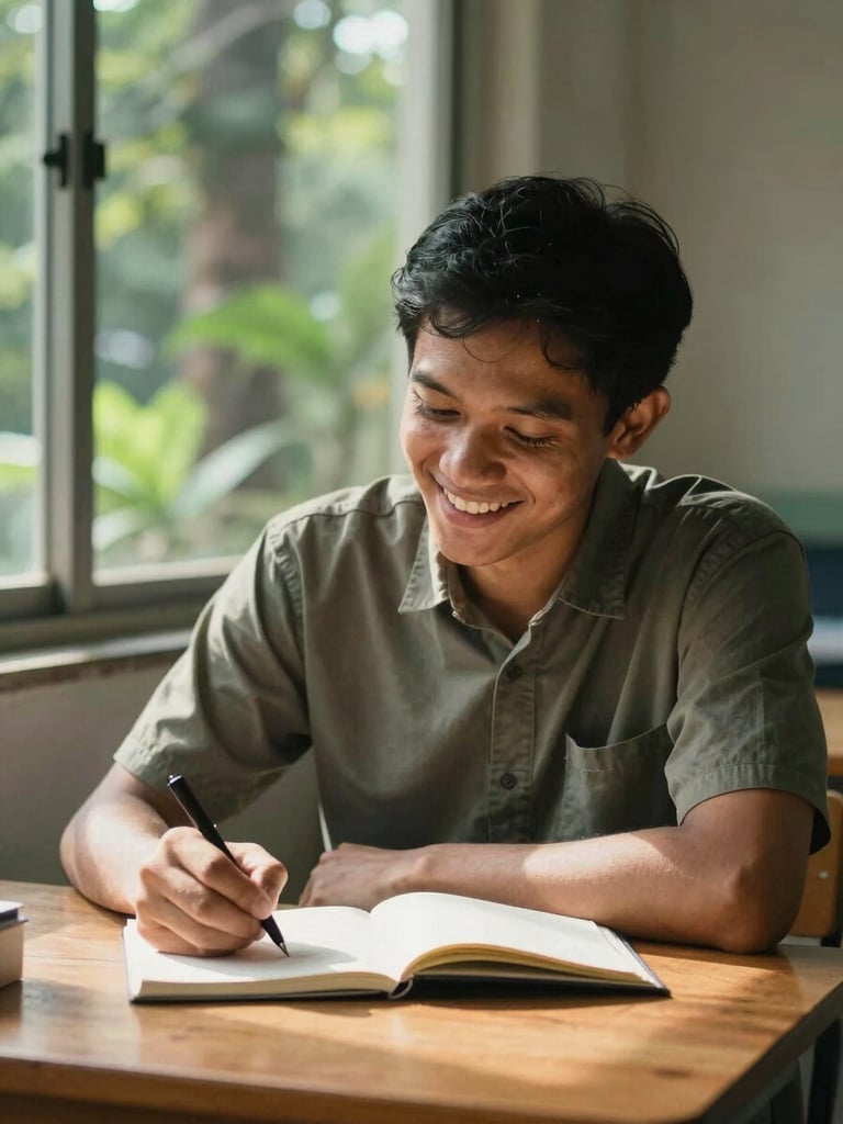 Medium shot of an adult student in Indonesia smiling warmly, writing in a notebook on a wooden desk with soft daylight streaming through a window, forest green elements in the background, warm natural lighting.