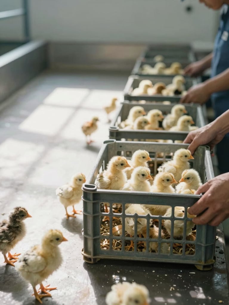Medium-wide shot of hatchery facility mid-operation: day-old chicks in transport crates on a work table, north-facing daylight streaming across the scene, hands visible moving a crate, clinical clarity, no softness, the operational environment in sharp detail, generous negative space on the left.