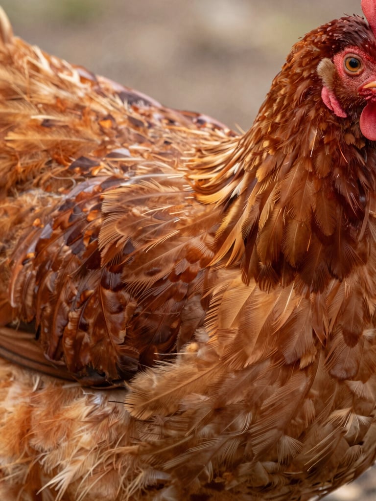 Extreme close-up of Rhode Island Red chick feathers, north-facing facility daylight, tight crop showing rich mahogany plumage texture and individual quill detail, flat documentary lighting, no softness